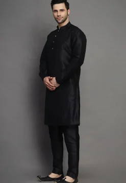 Solid Color Art Silk Kurta Set in Black