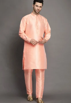Solid Color Art Silk Kurta Set in Peach