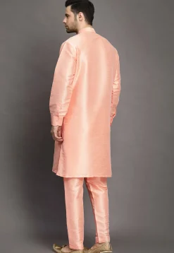 Solid Color Art Silk Kurta Set in Peach