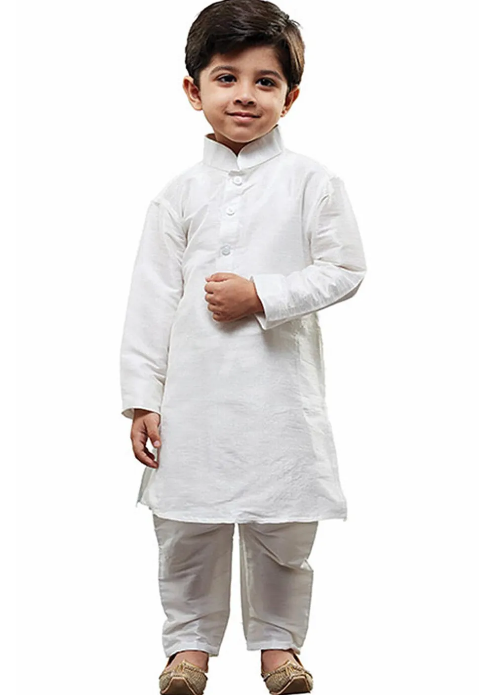 Solid Color Art Silk Kurta Set in White