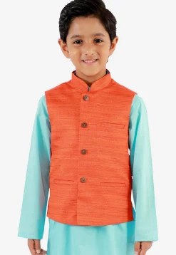 Solid Color Art Silk Nehru Jacket in Orange