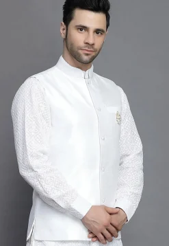 Solid Color Art Silk Nehru Jacket in White