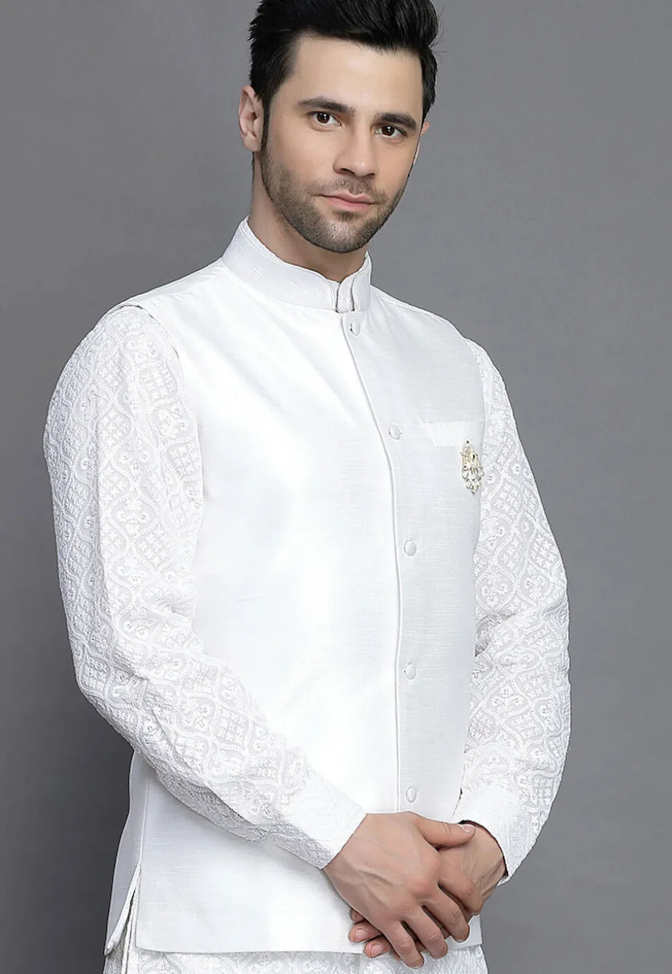 Solid Color Art Silk Nehru Jacket in White