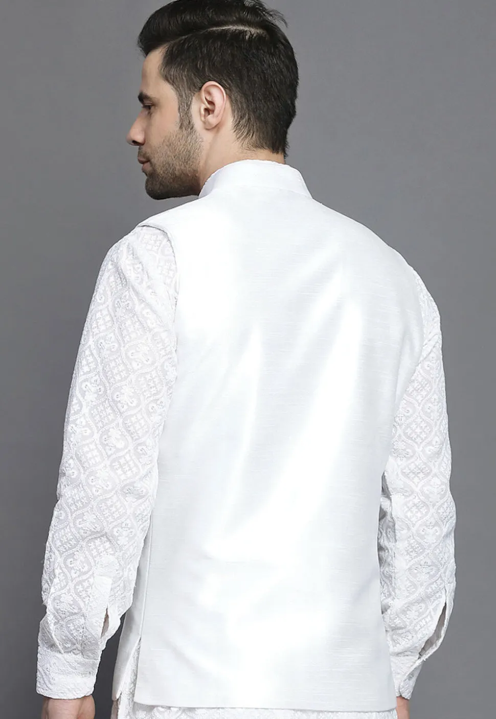 Solid Color Art Silk Nehru Jacket in White