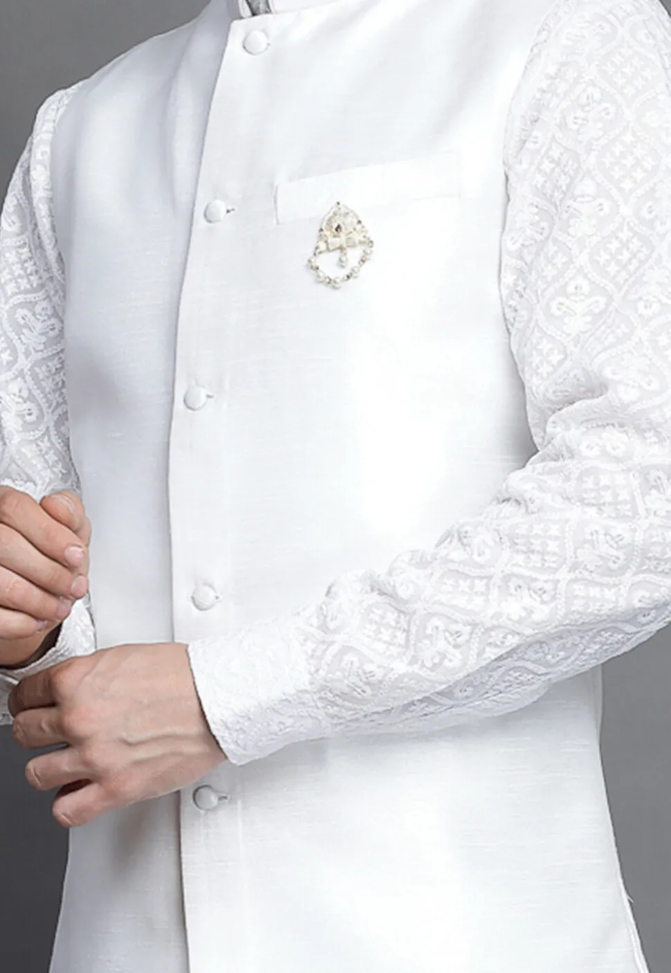 Solid Color Art Silk Nehru Jacket in White