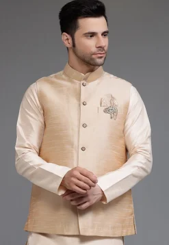 Solid Color Art Silk Nehru Jacket in Beige