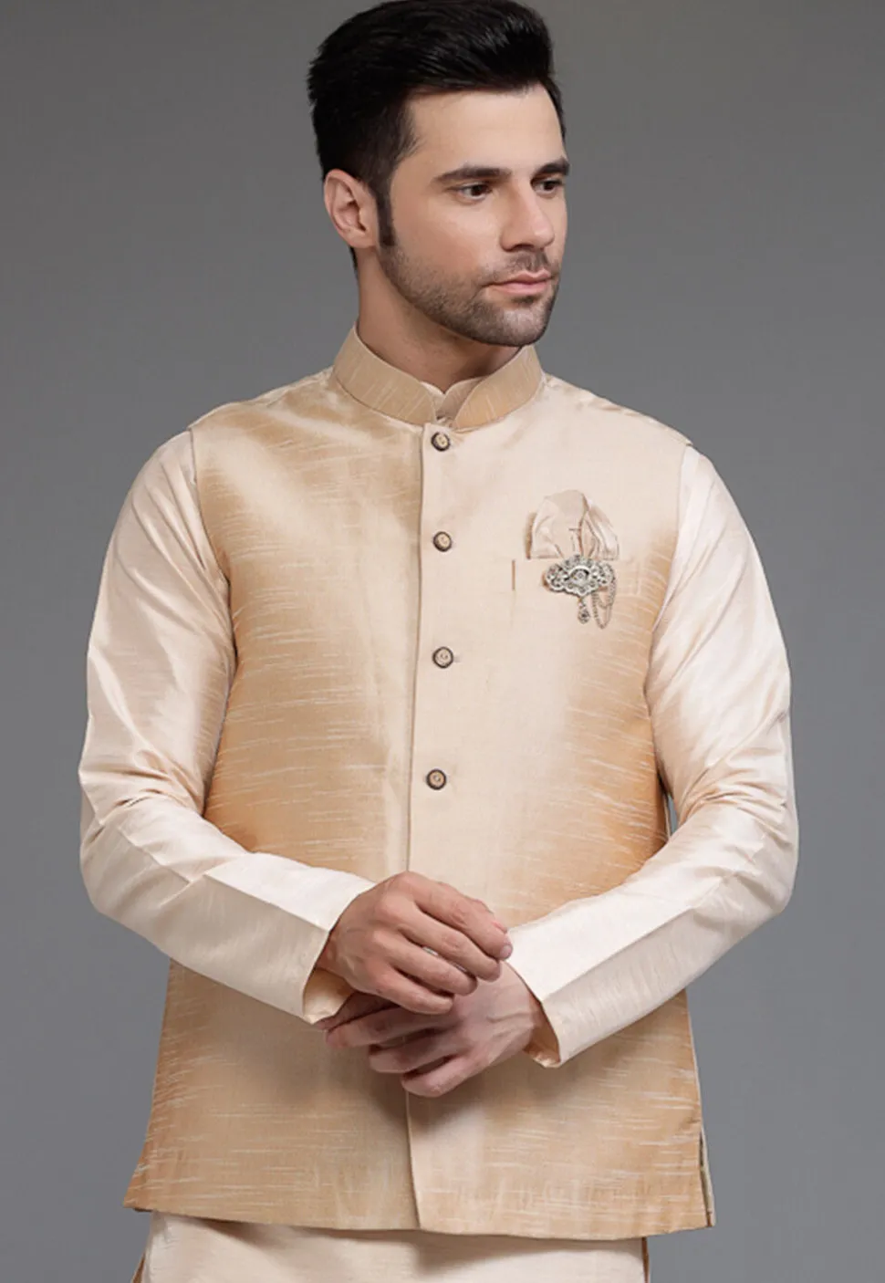 Solid Color Art Silk Nehru Jacket in Beige