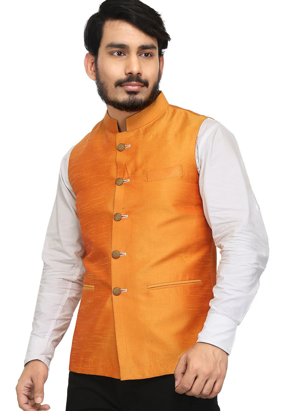 Solid Color Art Silk Nehru Jacket in Orange