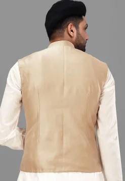 Solid Color Art Silk Nehru Jacket in Beige