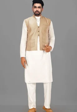 Solid Color Art Silk Nehru Jacket in Beige