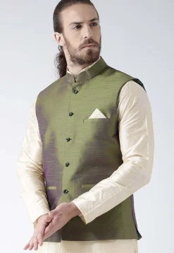 Solid Color Art Silk Nehru Jacket in Olive Green