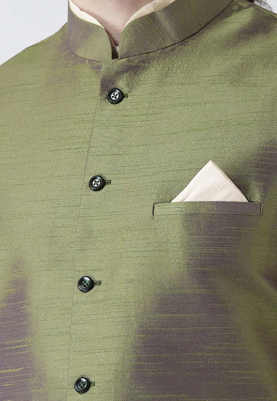 Solid Color Art Silk Nehru Jacket in Olive Green