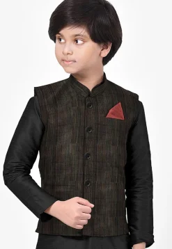 Solid Color Art Silk Nehru Jacket in Black