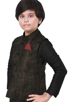 Solid Color Art Silk Nehru Jacket in Black