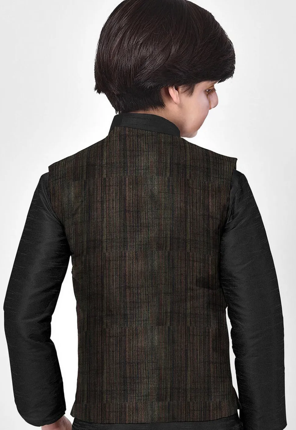 Solid Color Art Silk Nehru Jacket in Black