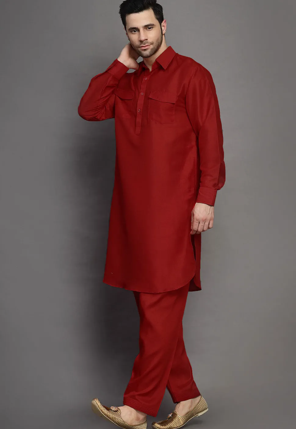 Solid Color Art Silk Paithani Suit in Maroon
