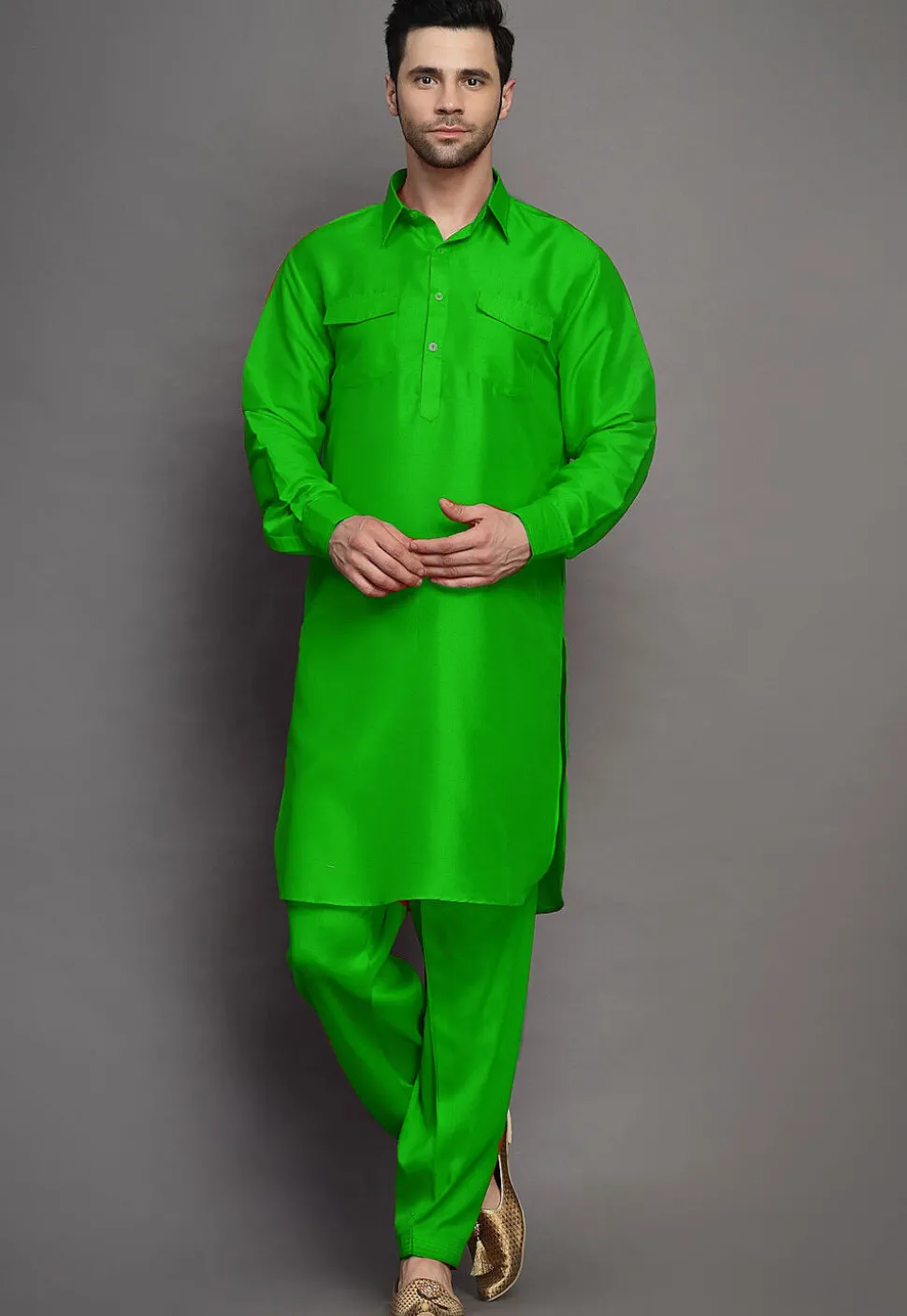 Solid Color Art Silk Paithani Suit in Green