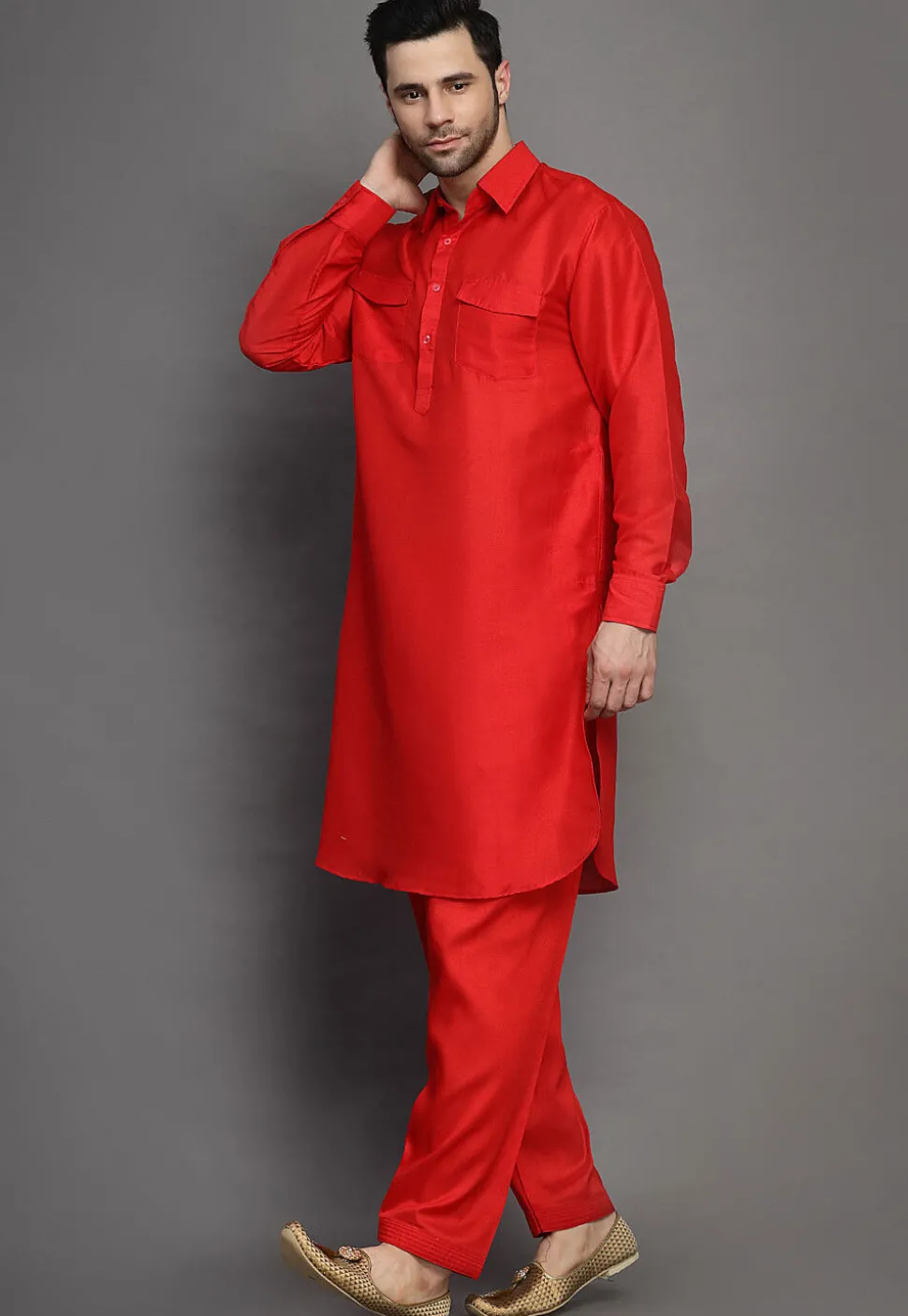 Solid Color Art Silk Paithani Suit in Red