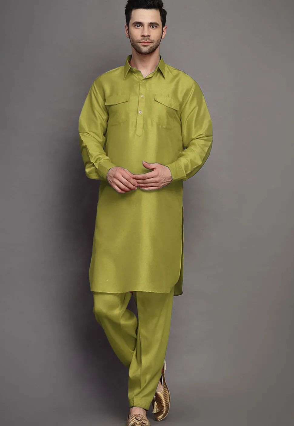 Solid Color Art Silk Paithani Suit in Olive Green