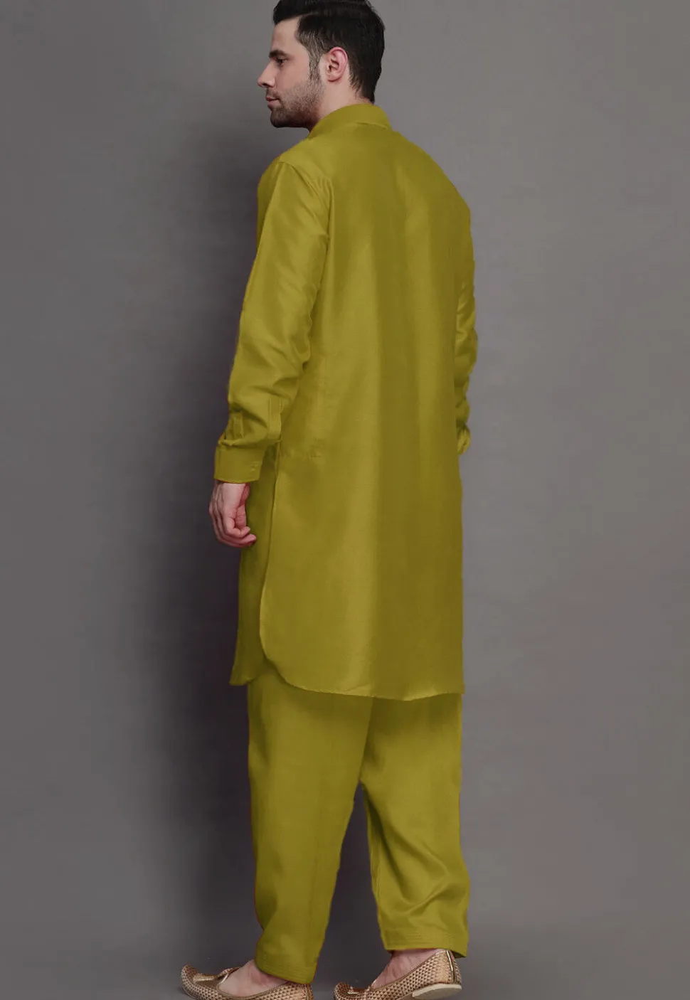 Solid Color Art Silk Paithani Suit in Olive Green