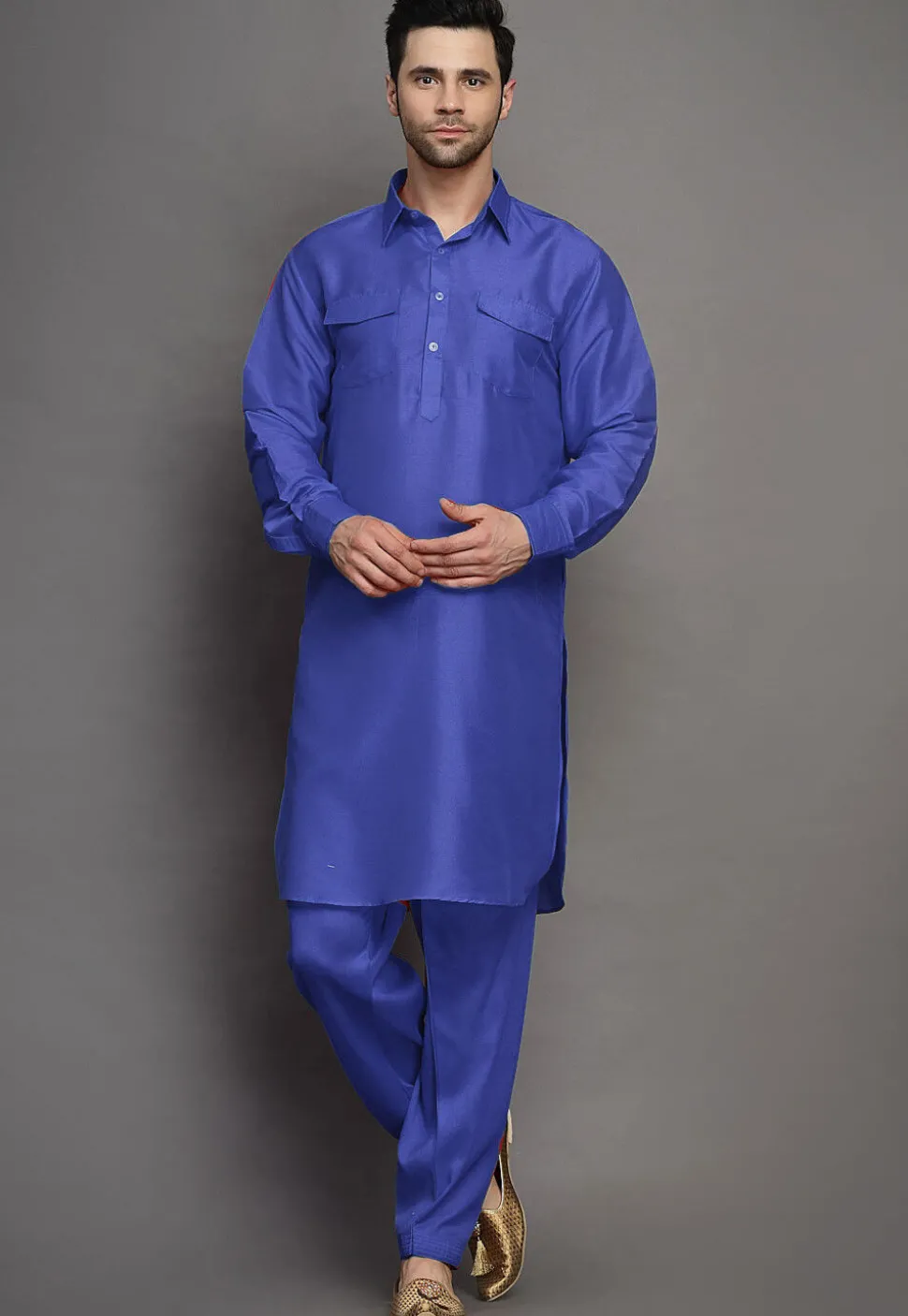 Solid Color Art Silk Paithani Suit in Royal Blue