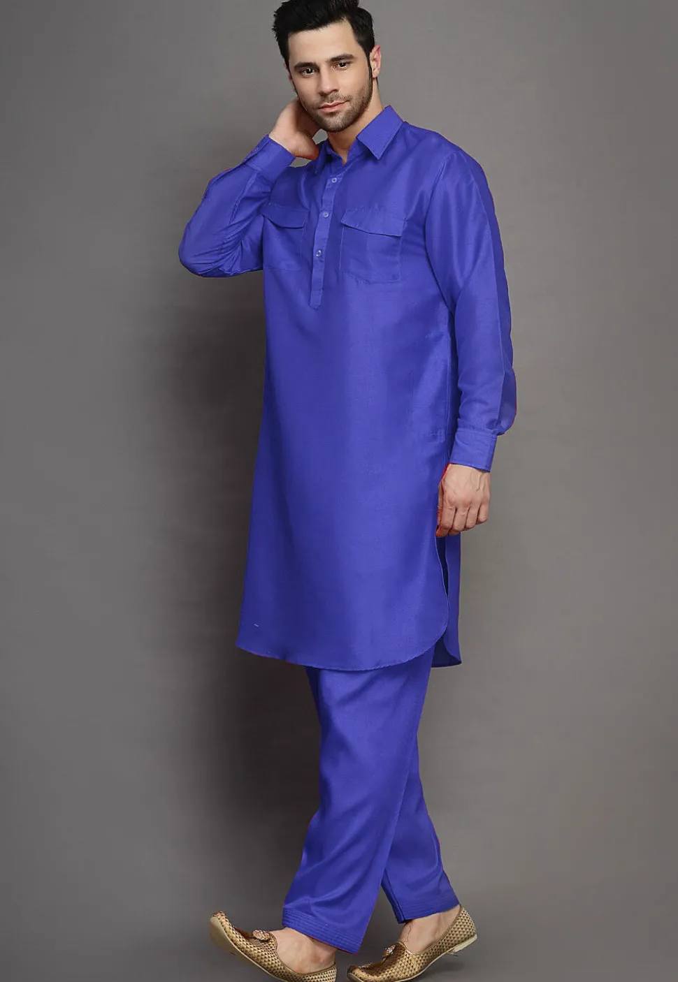 Solid Color Art Silk Paithani Suit in Royal Blue