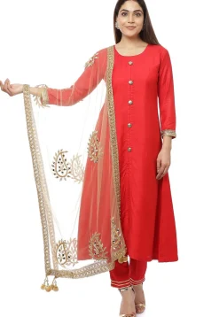 Solid Color Art Silk Pakistani Suit in Red