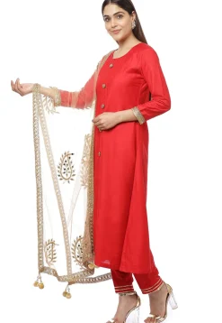 Solid Color Art Silk Pakistani Suit in Red
