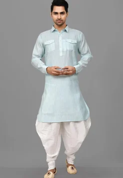 Solid Color Art Silk Pathani Suit in Light Blue