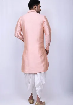 Solid Color Art Silk Pathani Suit in Peach