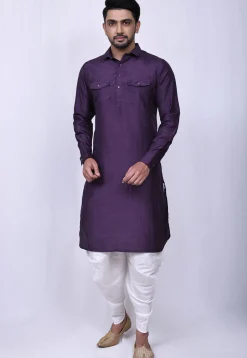 Solid Color Art Silk Pathani Suit in Violet