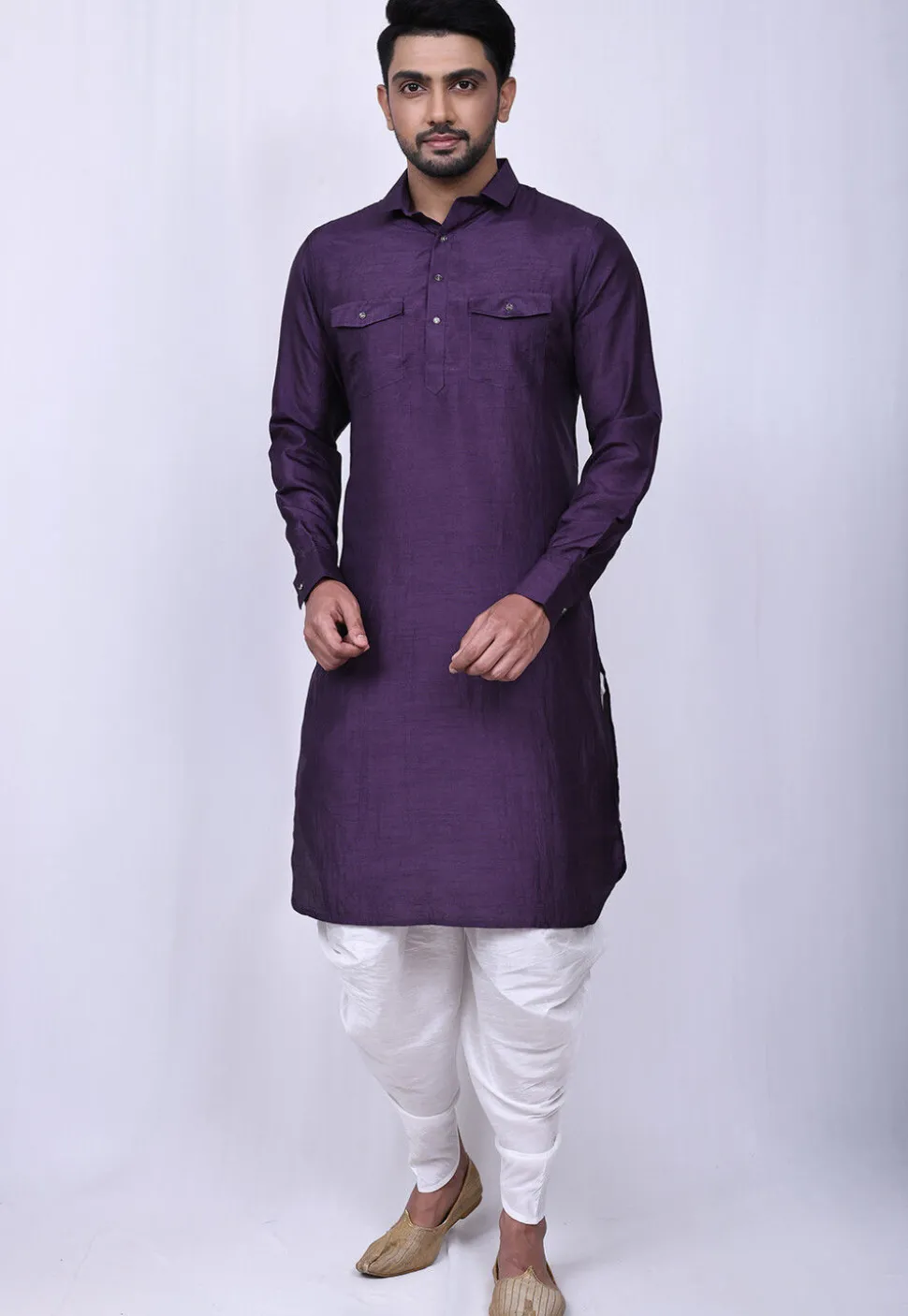 Solid Color Art Silk Pathani Suit in Violet