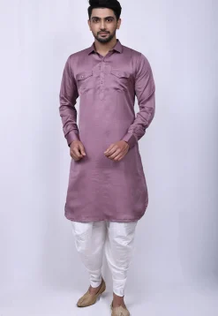 Solid Color Art Silk Pathani Suit in Dusty Purple