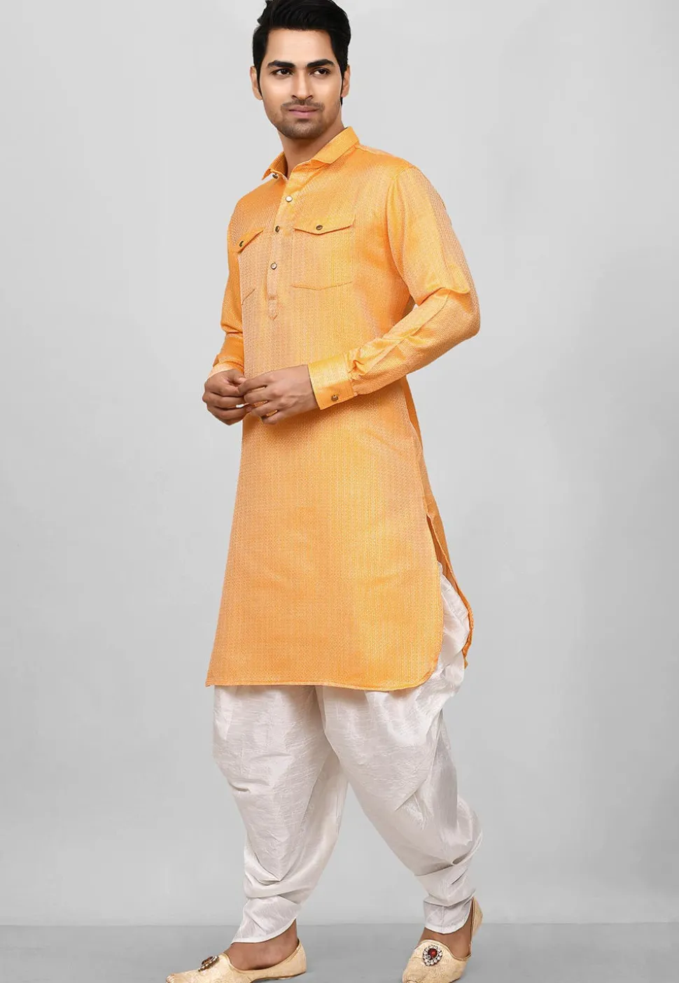 Solid Color Art Silk Pathani Suit in Mustard
