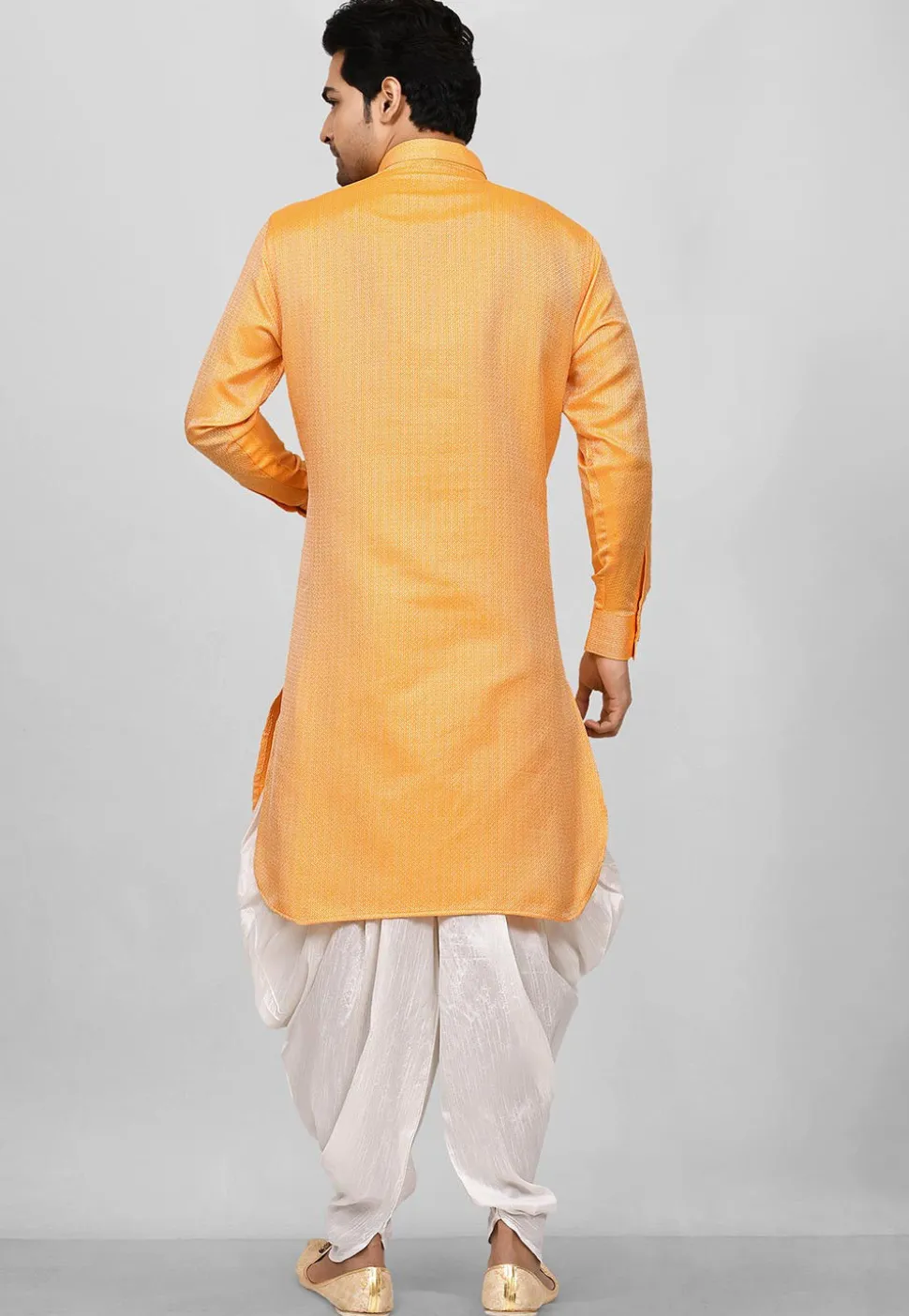 Solid Color Art Silk Pathani Suit in Mustard
