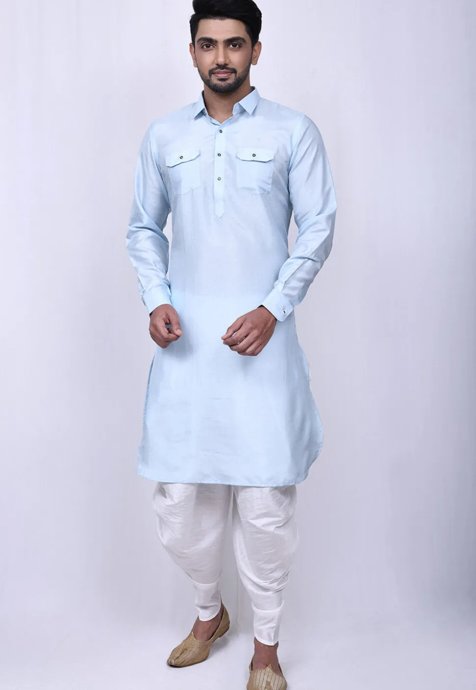 Solid Color Art Silk Pathani Suit in Sky Blue