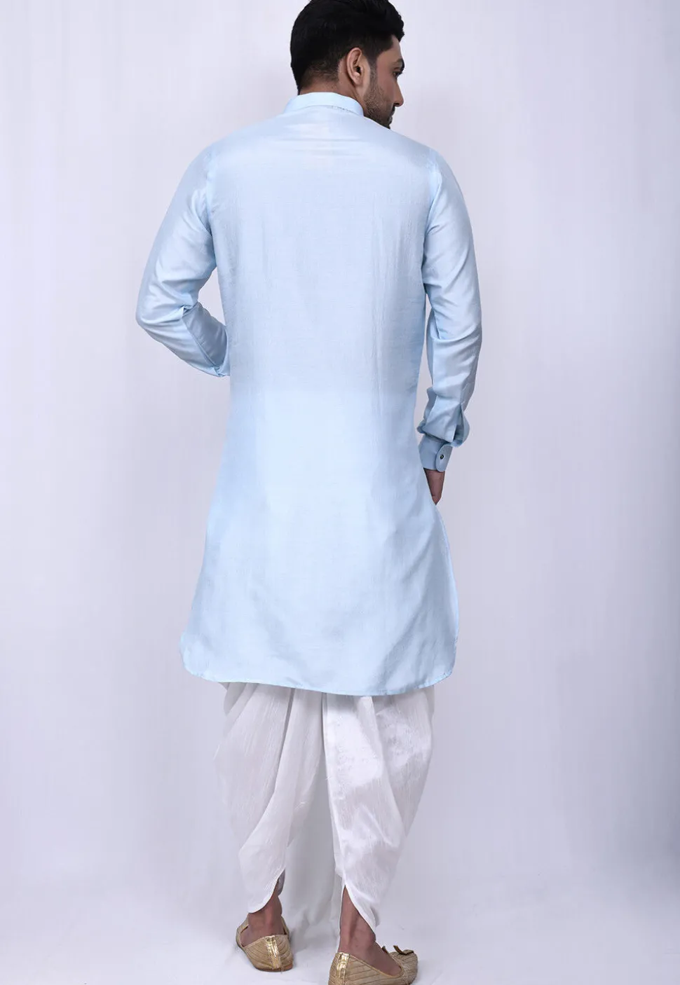 Solid Color Art Silk Pathani Suit in Sky Blue