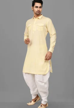 Solid Color Art Silk Pathani Suit in Light Yellow