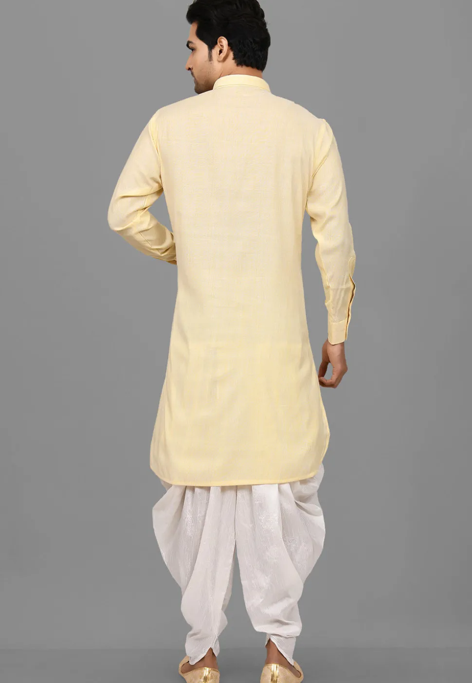 Solid Color Art Silk Pathani Suit in Light Yellow