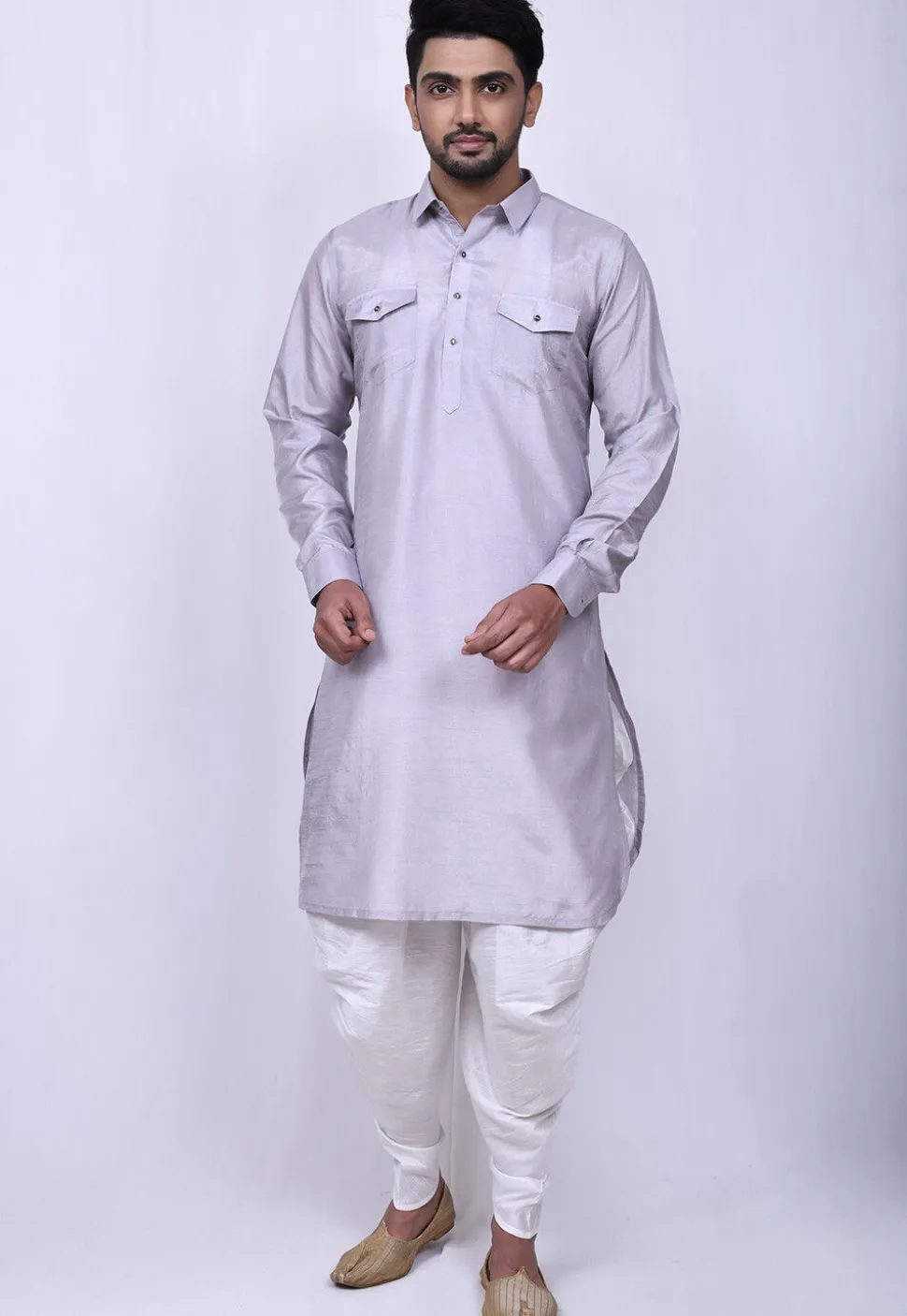 Solid Color Art Silk Pathani Suit in Light Grey
