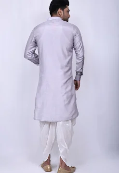 Solid Color Art Silk Pathani Suit in Light Grey
