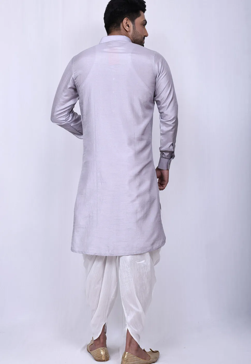 Solid Color Art Silk Pathani Suit in Light Grey