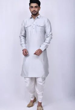 Solid Color Art Silk Pathani Suit in Light Grey
