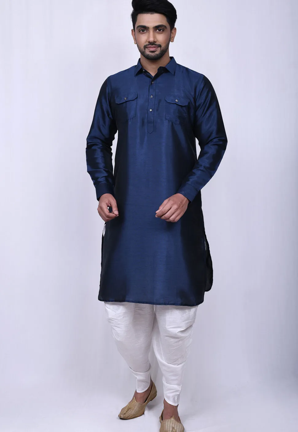 Solid Color Art Silk Pathani Suit in Dark Blue