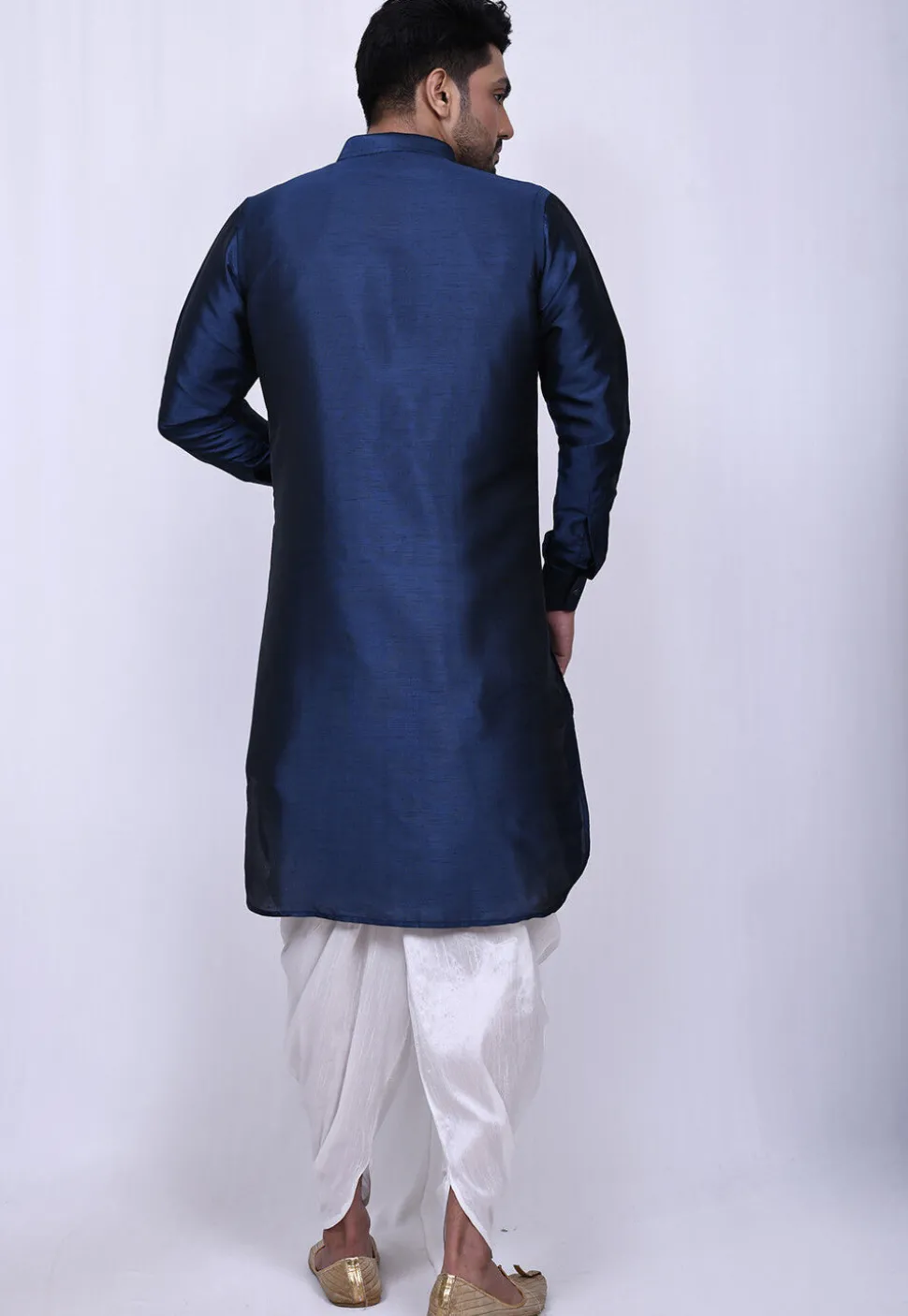 Solid Color Art Silk Pathani Suit in Dark Blue
