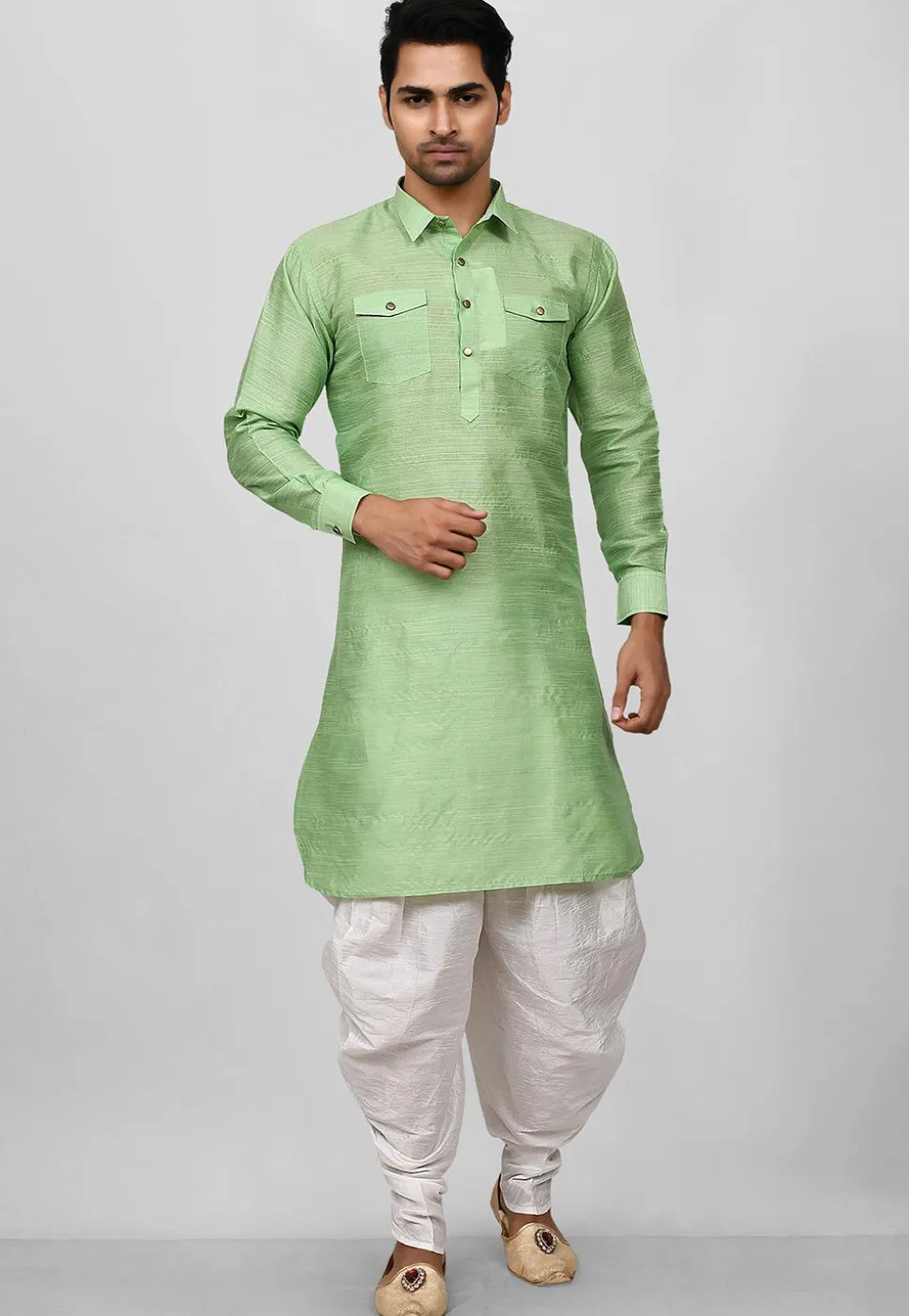 Solid Color Art Silk Pathani Suit in Light Green