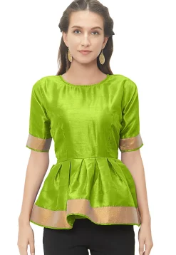 Solid Color Art Silk Peplum Blouse in Neon Green