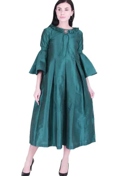 Solid Color Art Silk Pleated Dress in Teal Blue