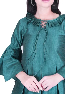Solid Color Art Silk Pleated Dress in Teal Blue
