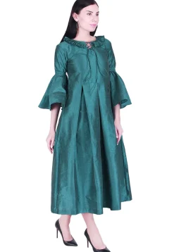 Solid Color Art Silk Pleated Dress in Teal Blue